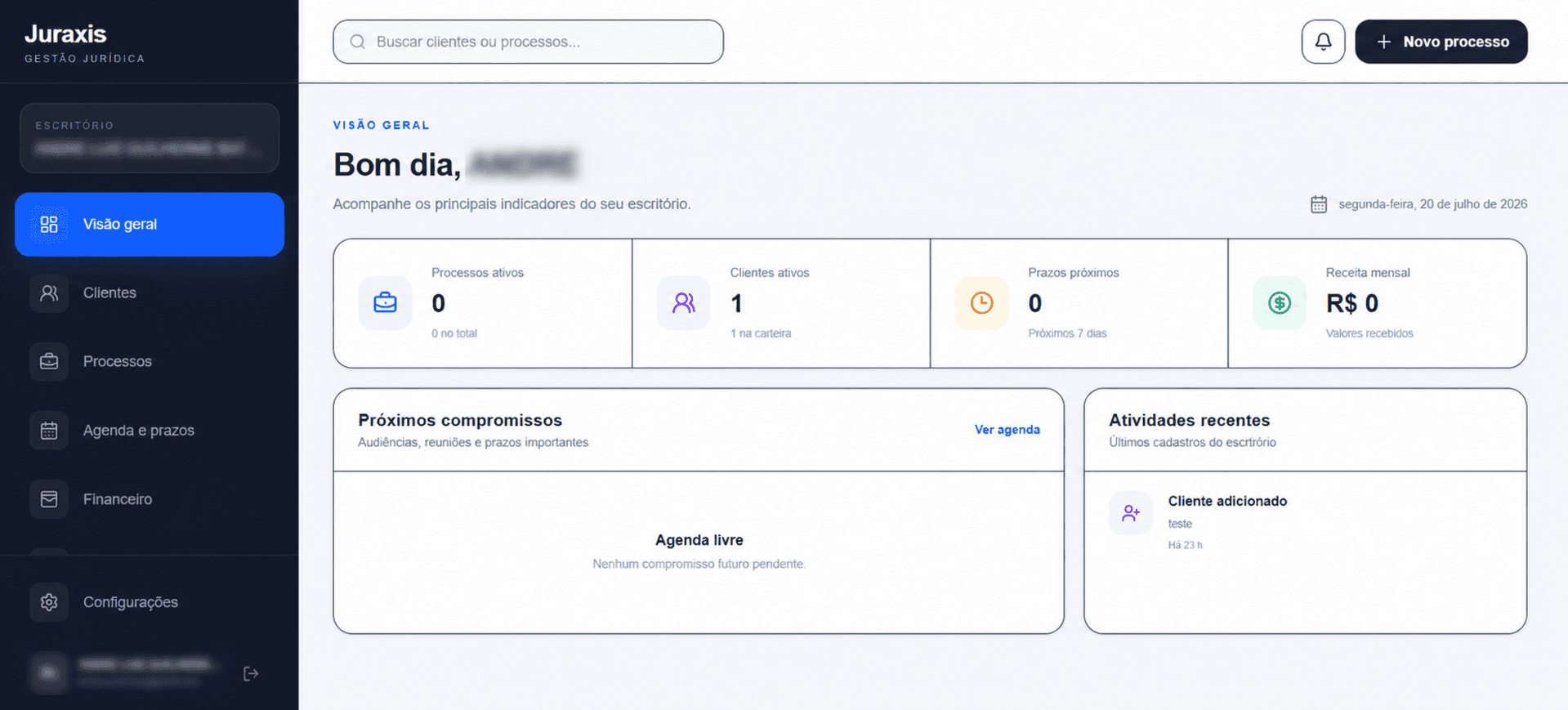 Painel de gestão jurídica do Juraxis