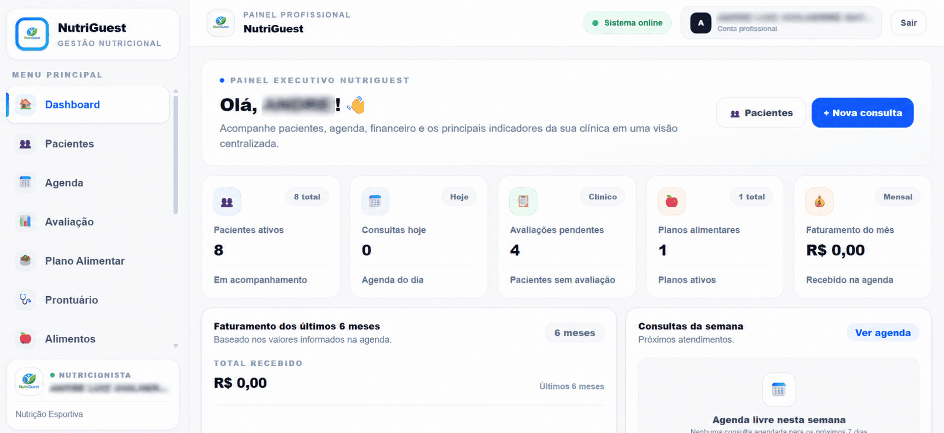 Painel profissional do NutriGuest Web